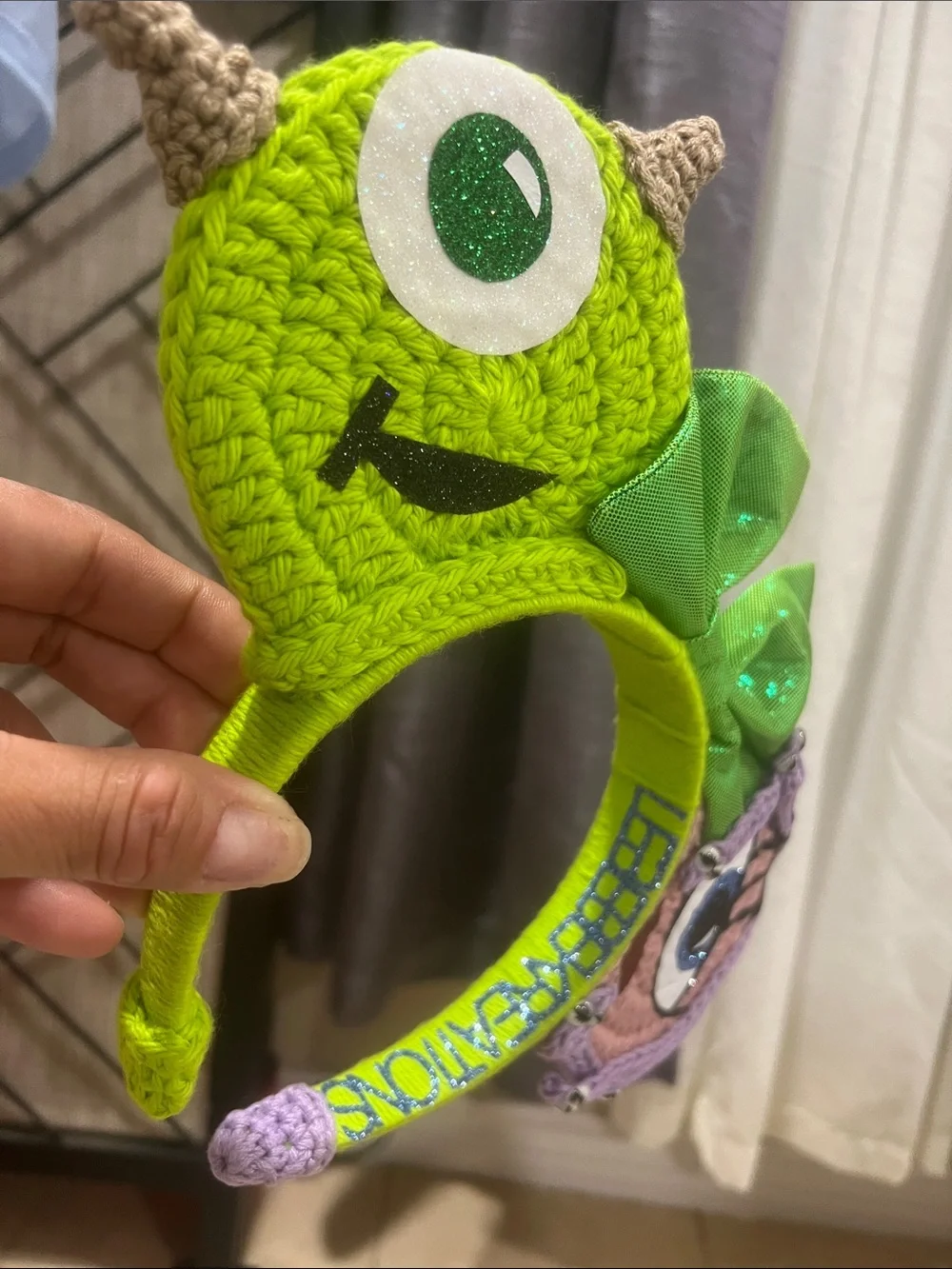 Handmade Crochet Kids Green Monster Headband with Purple Eye Accent
